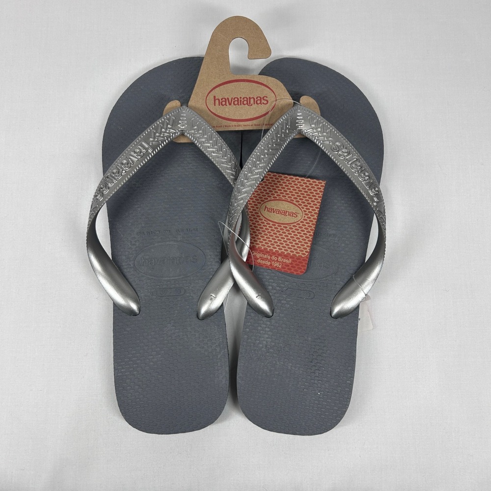 Havaianas Metallic Silver Grey Flip Flops NWT Logo Rubber Sandals USA 9/10W